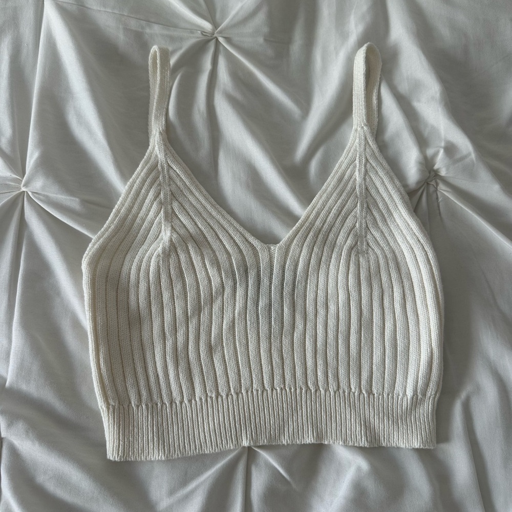 Cream Ribbed Knit Crop Top